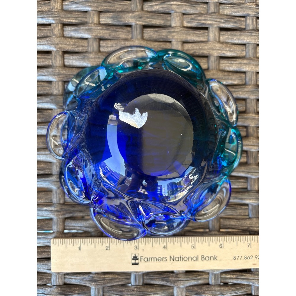 Vintage Murano Style Art Glass Ruffled Bowl Cobalt Blue Emerald Green 7 Inch - Picture 5 of 9